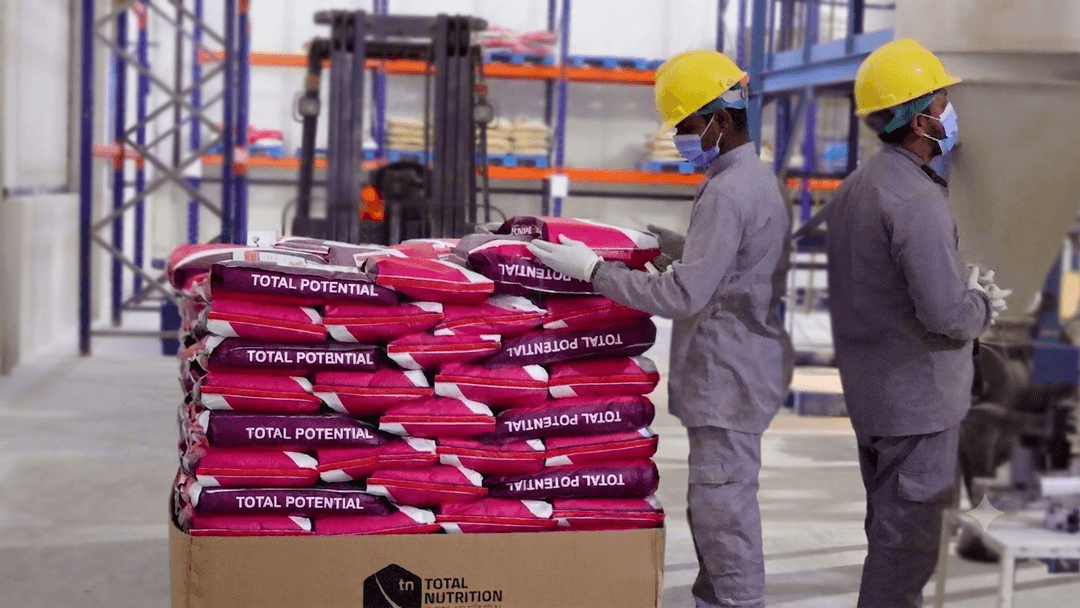 Total Nutrition team stacking TotalVit premix bags on a pallet in the dispatch warehouse